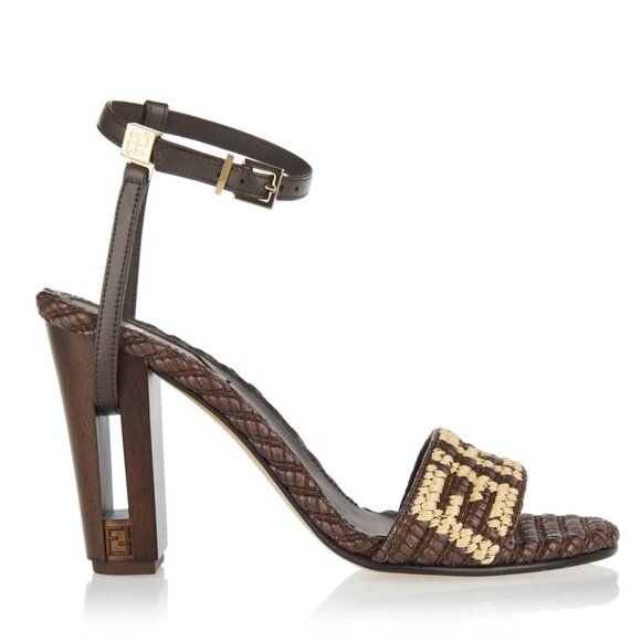 FENDI Delfina Raffia 95 FF Logo Ankle Strap Sandals Heels Pumps Shoes - Picture 1 of 16